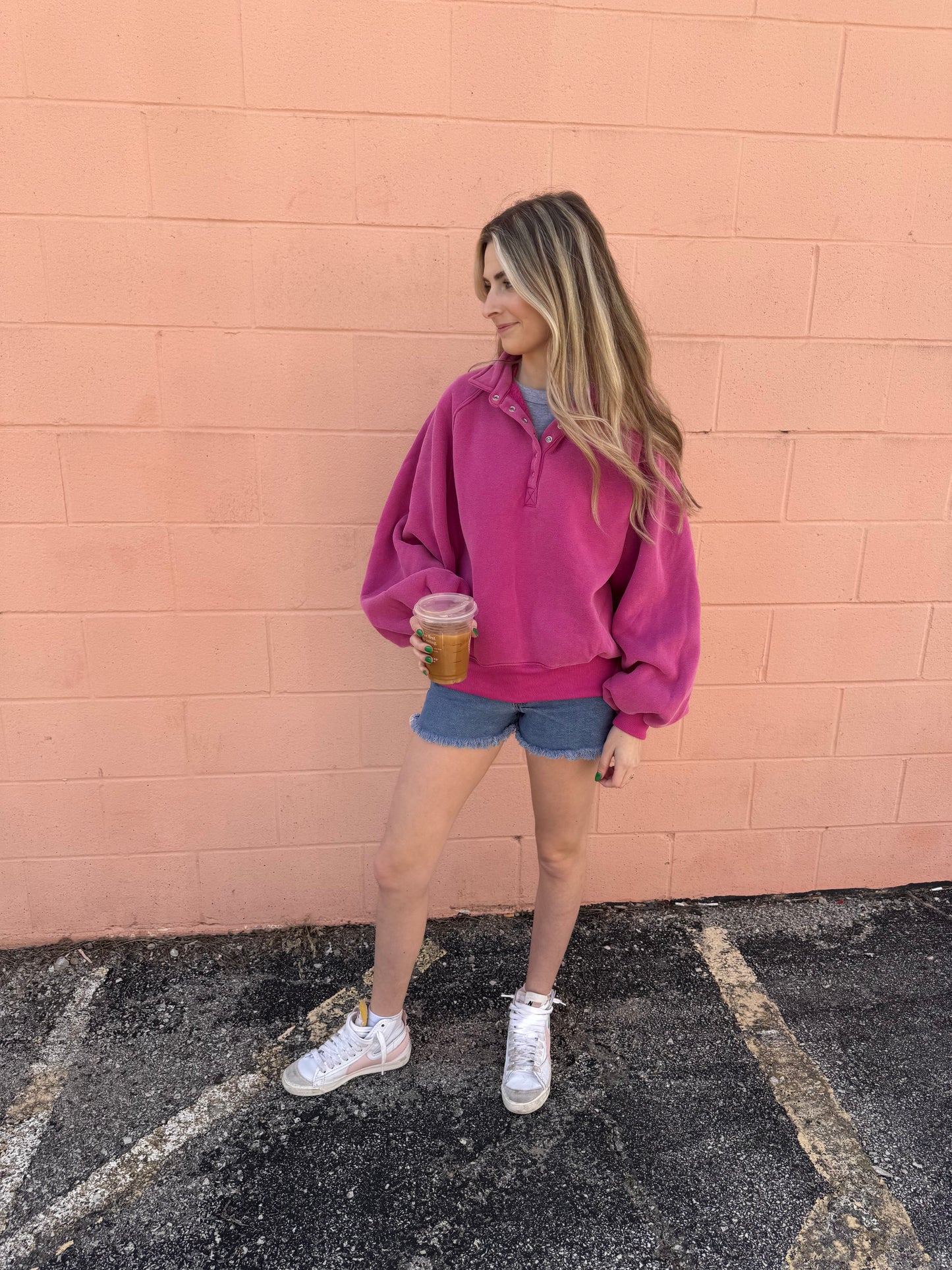 Pink Button Crewneck